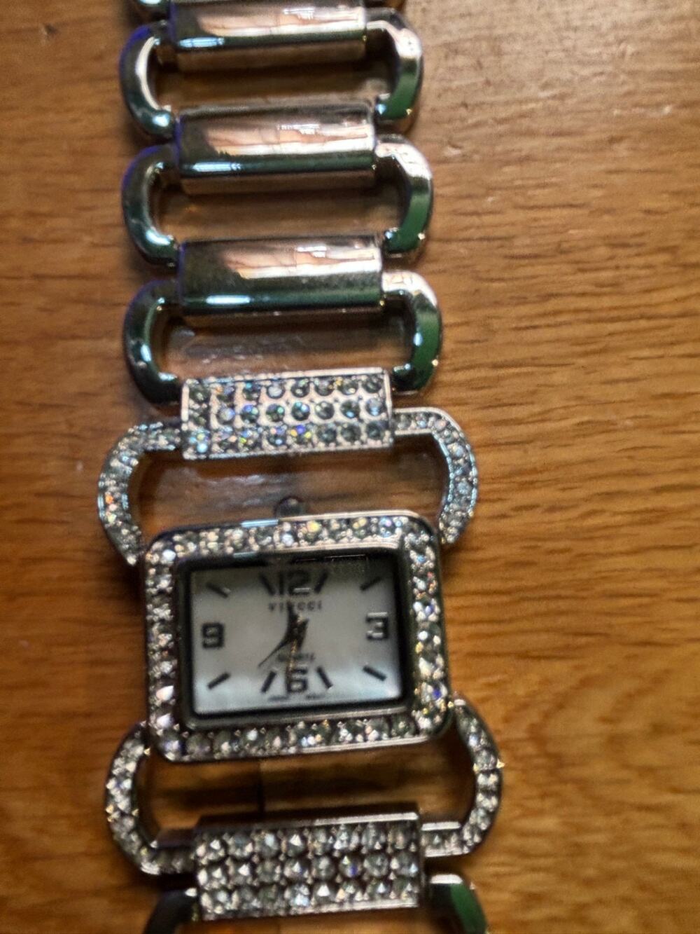 Vincci Women's Quartz Watch Square Crystal Bezel Silver Link Bracelet